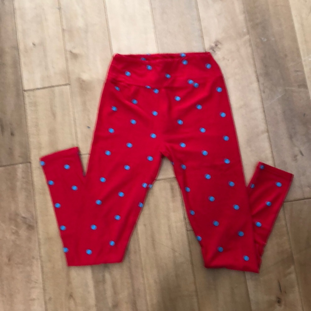 LuLaRoe Leggings Red with Baby Blue Polka Dots